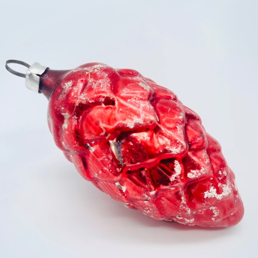Vintage‎ Red Pinecone Flocked Mercury Glass Christmas Ornament Mica Shiny Brite